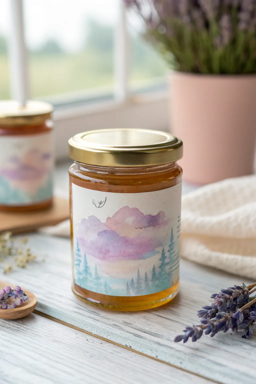 Embrace the dreamy elegance of watercolor wonders on your honey jar labels.