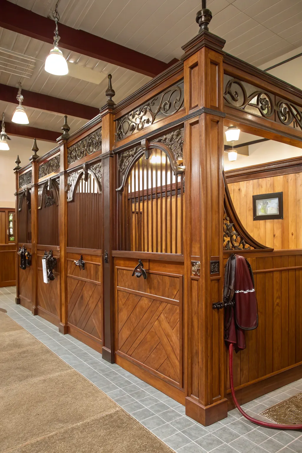 Transform your horse wash stall into a masterpiece with stunning wood paneling and bold finishes.