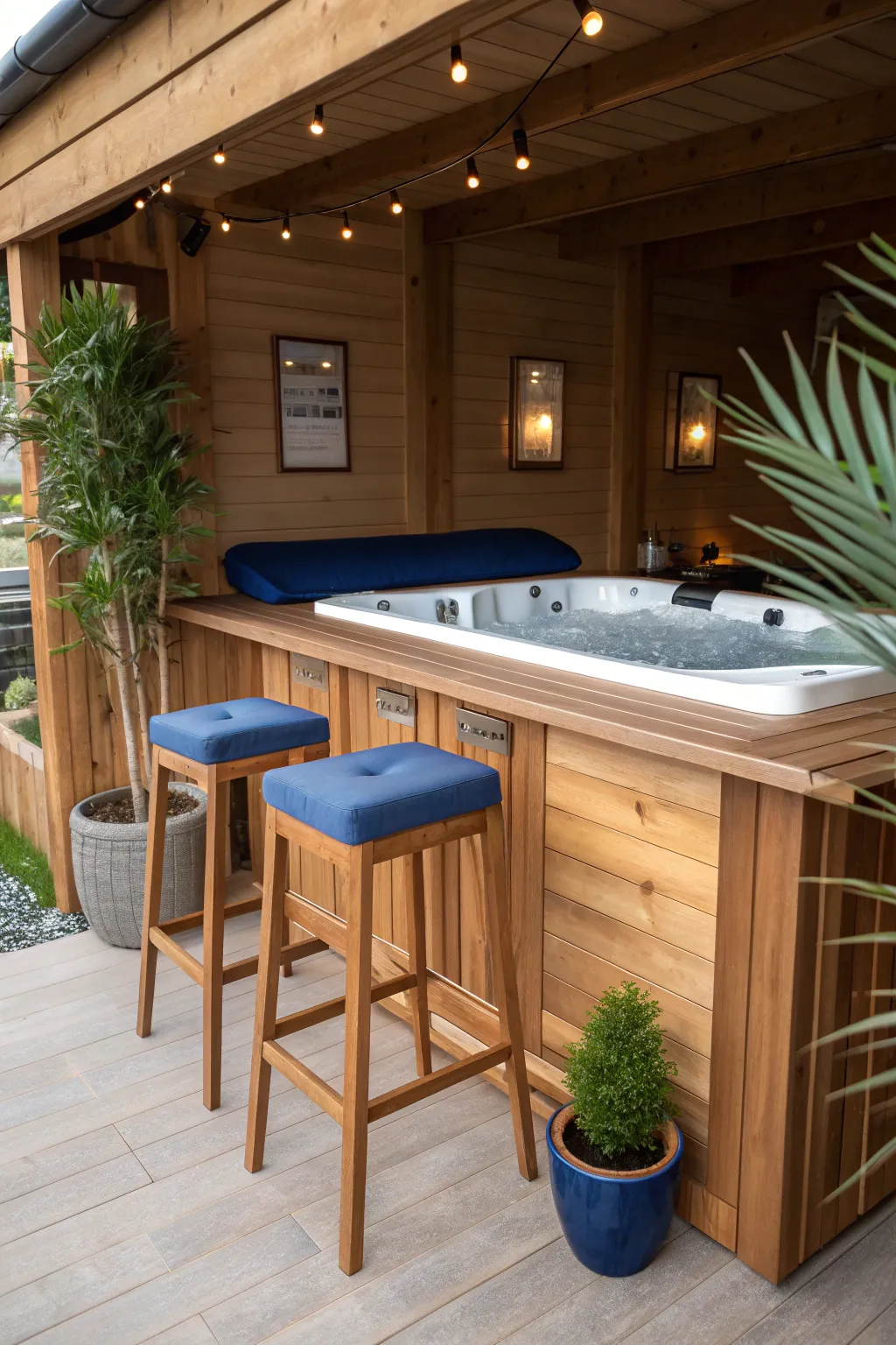 Create a social oasis in your hot tub shed with a chic bar setup, perfect for entertaining and relaxation.