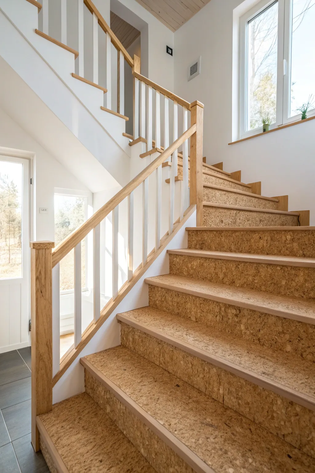 Step into sustainability with eco-friendly cork treads that add warmth and elegance to your staircase.