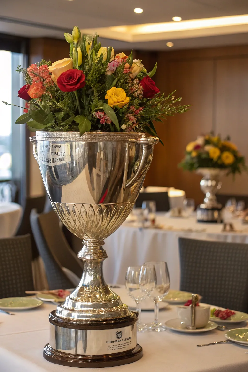 A trophy creatively repurposed as a flower vase.