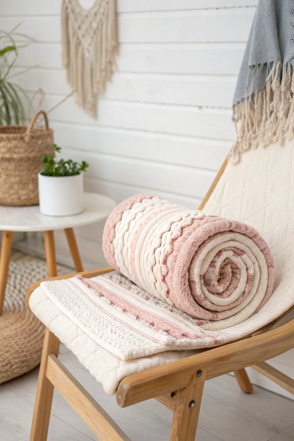 Transform your blanket into a cozy pillow with a simple roll and tuck for a touch of Scandinavian-Boho charm.