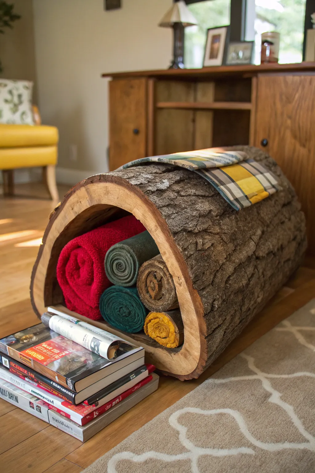 Elevate your living space with this handcrafted hollow log storage solution – where rustic charm meets modern functionality.