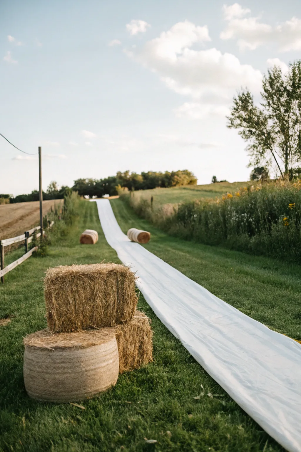 Safety meets style with these rustic hay bales, perfect for your slip and slide adventure.