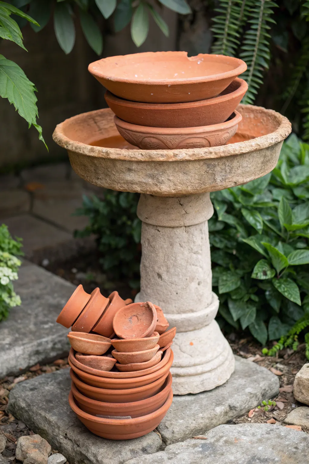 Transform broken clay pots into a charming bird bath base, adding a touch of natural beauty to your garden.