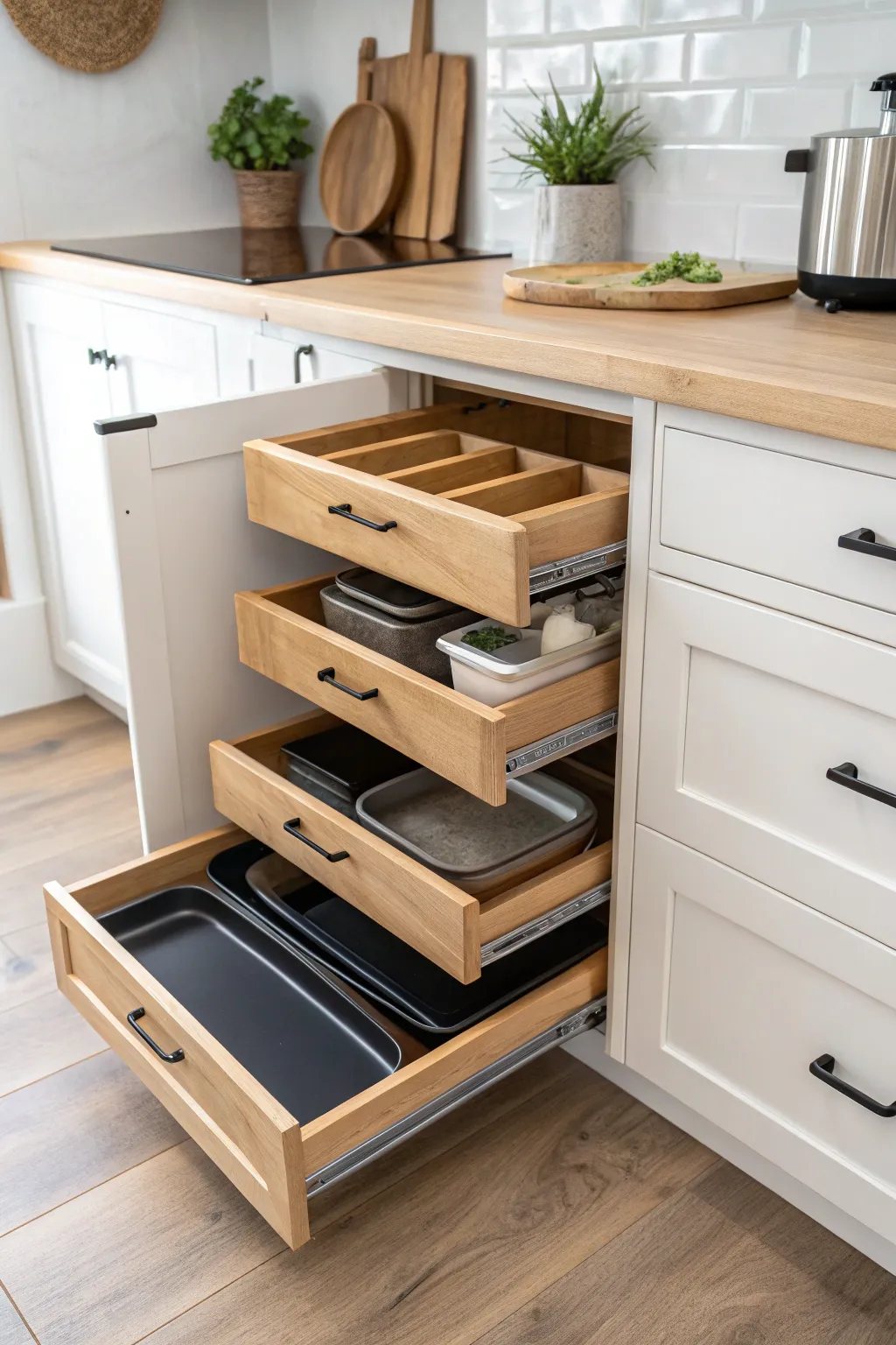Transform your kitchen storage with elegant pull-out racks – the perfect blend of Scandinavian simplicity and boho charm.
