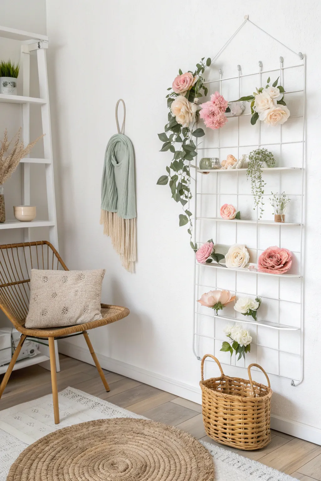 Elevate your space with a touch of floral elegance using hanging wire shelves. 🌿✨ #ScandinavianStyle #MinimalistDecor #BohoChic