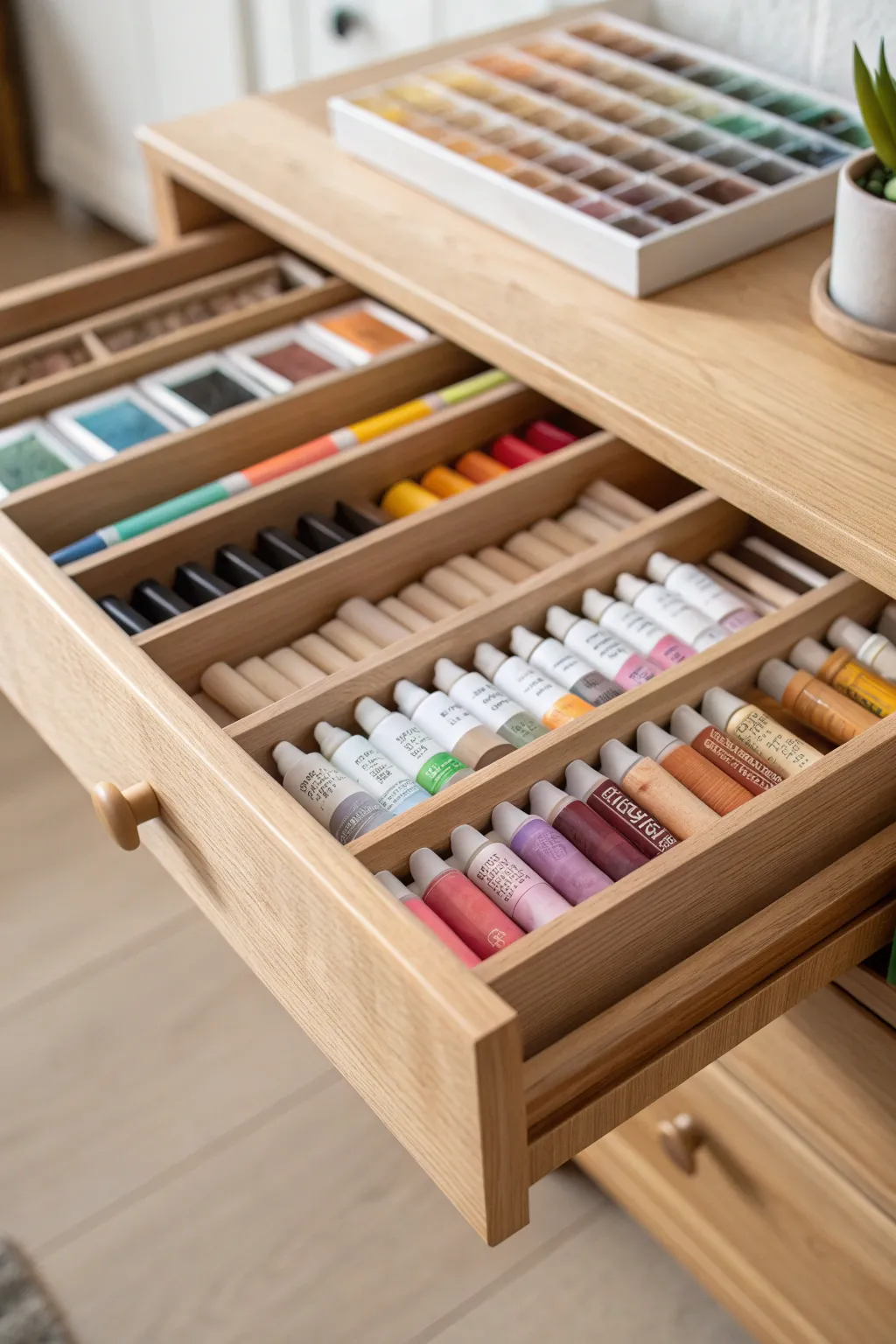 Elevate your art space with elegant drawer dividers for a beautifully organized paint tube collection.