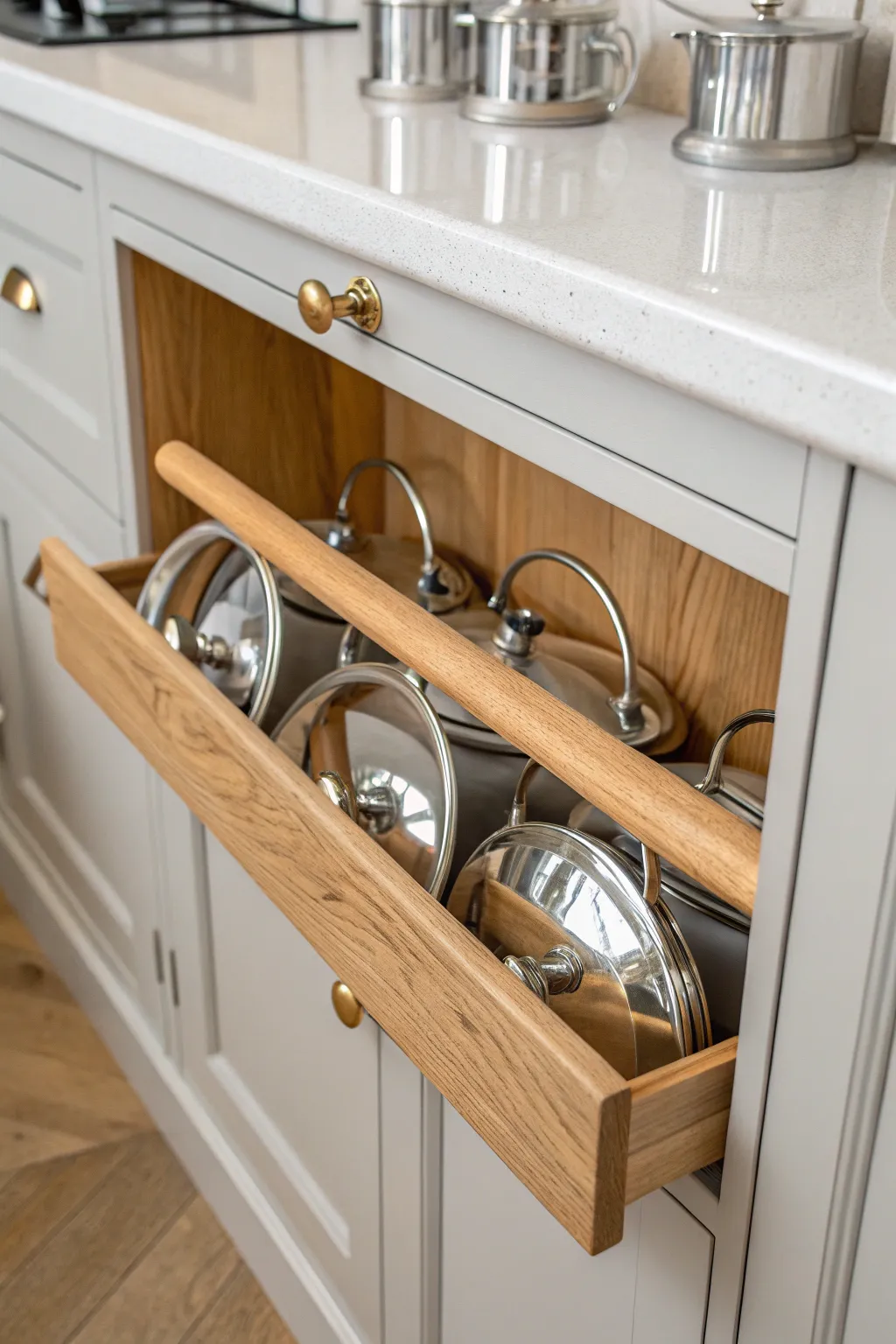 Transform your kitchen with this chic DIY: a wooden rail for storing pot lids with style and simplicity. #ScandinavianDesign #KitchenOrganization
