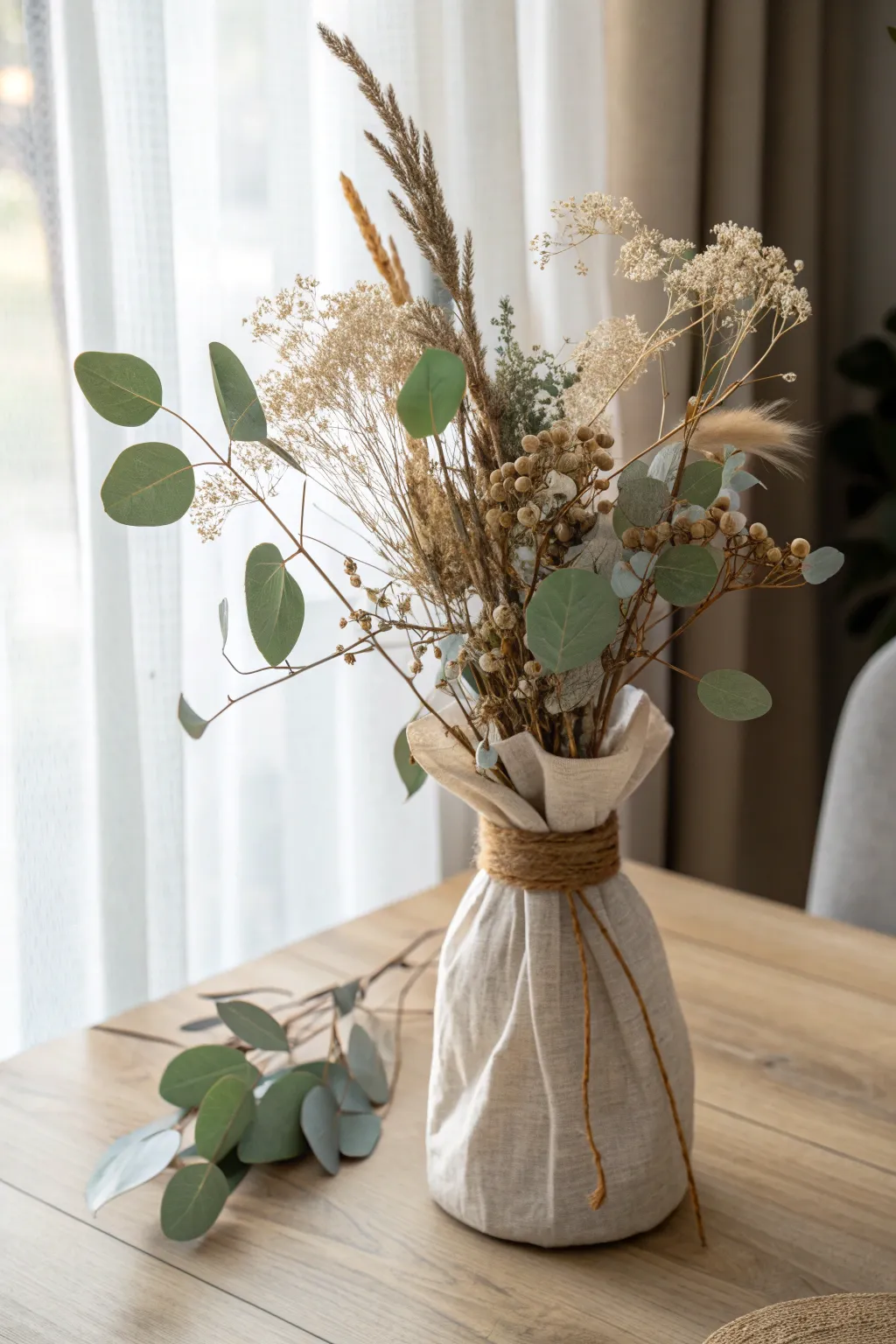 Embrace nature's beauty with a touch of whimsy: wrapping vases with dried flowers and linen for a Scandinavian-Boho charm.
