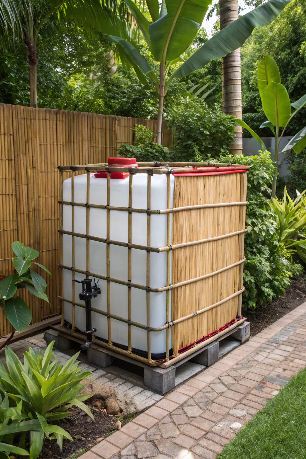 Transform your garden with a touch of tropical elegance using a bamboo screen wrapped IBC container.