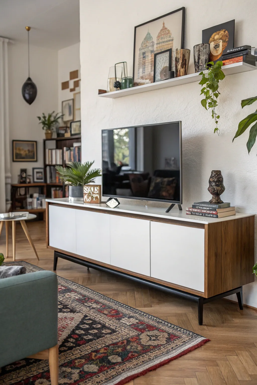 A sideboard under the TV combines style with practical storage.