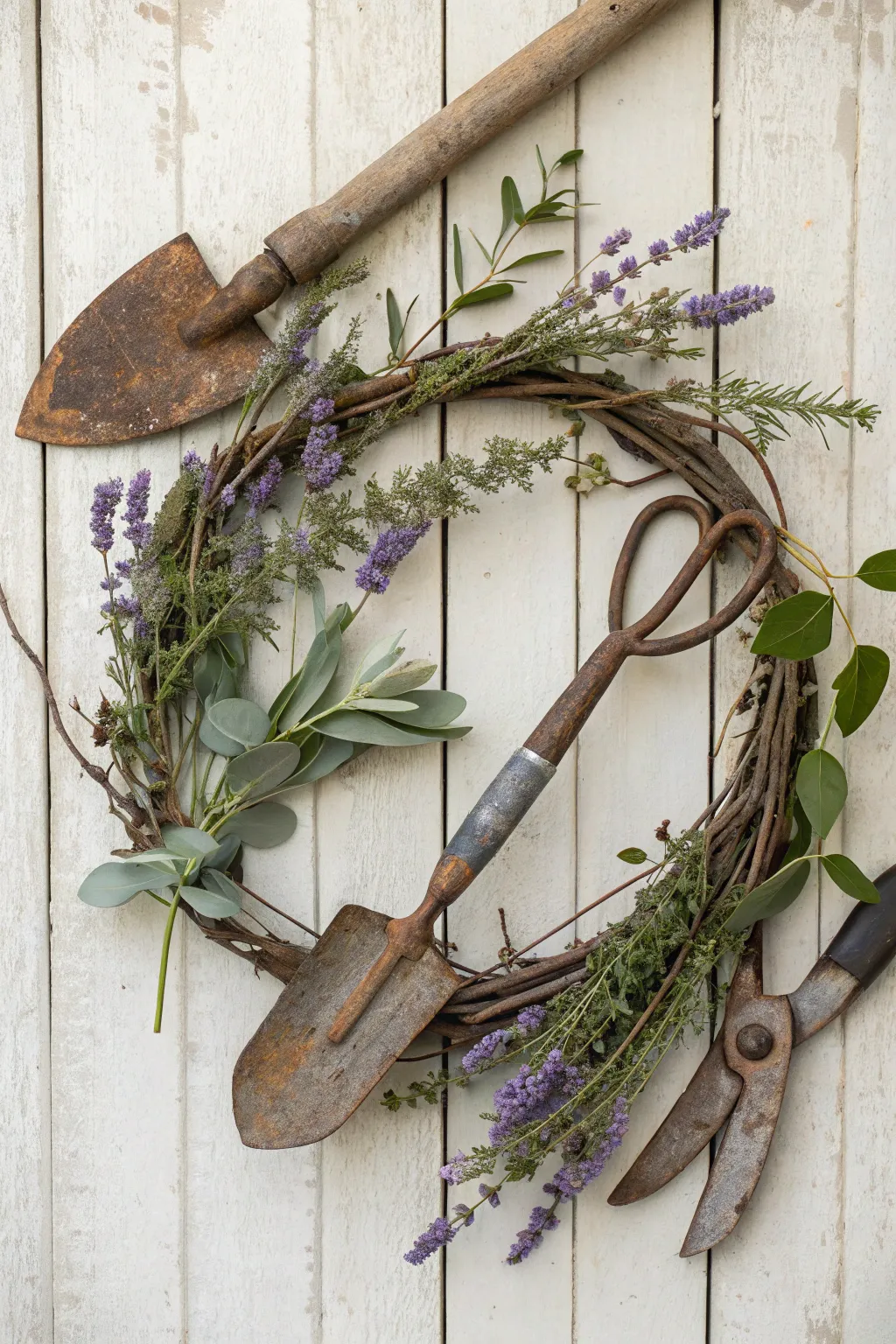 Transform vintage garden tools into a stunning rustic wreath that elegantly blends simplicity with natural beauty.