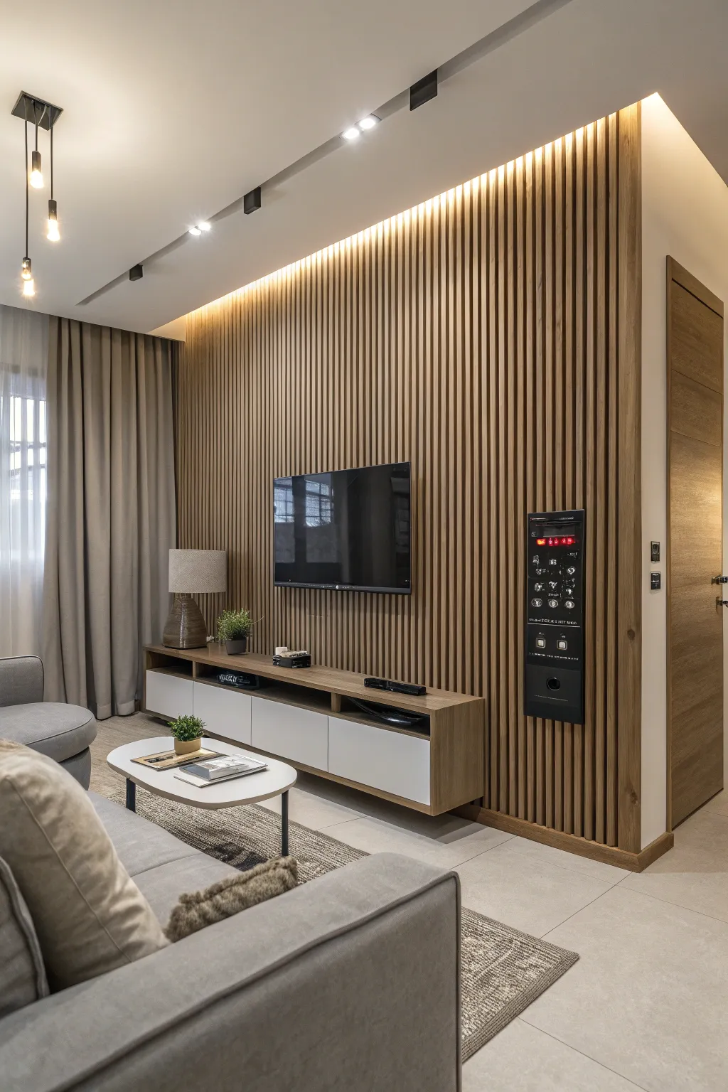 Slatted walls provide a modern and elegant solution for hiding electrical panels.