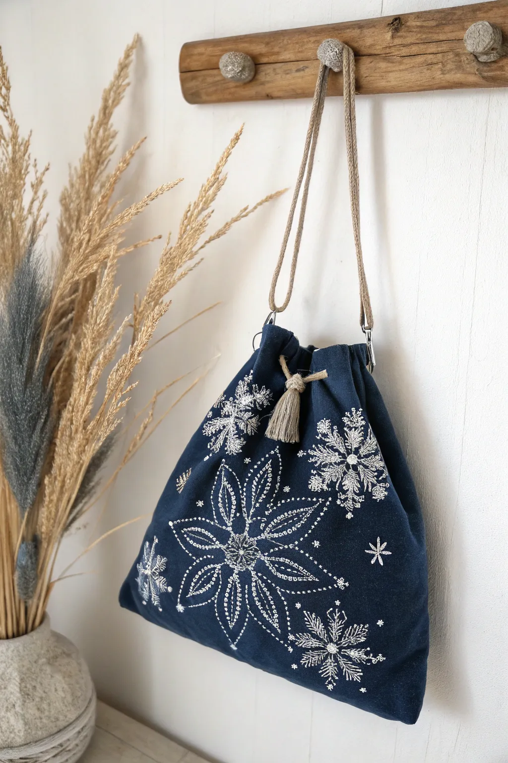 Embrace the charm of winter with this exquisitely embroidered snowflake purse, perfect for adding a touch of seasonal elegance to your wardrobe.