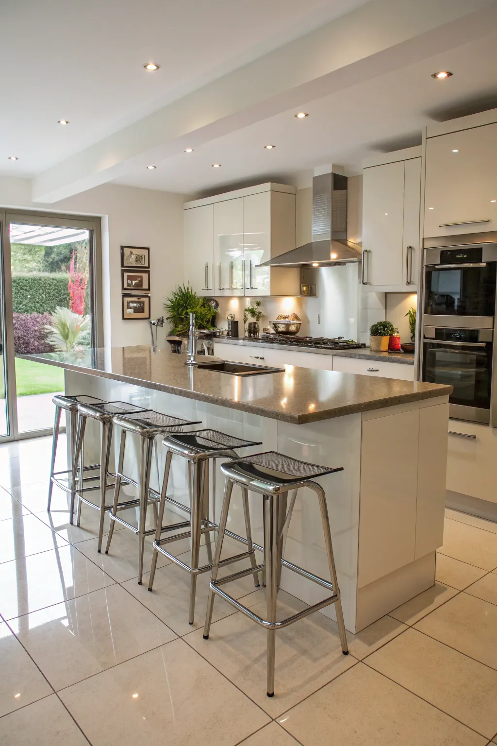 A central island with metal stools creates a welcoming gathering space.