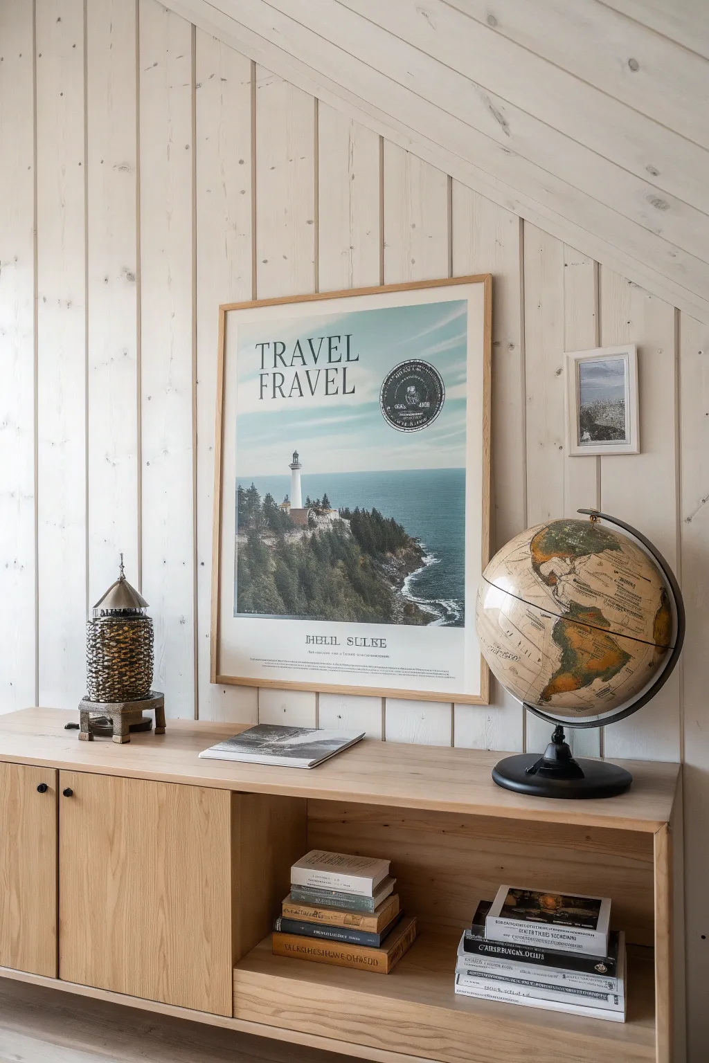 Transform your space with a touch of wanderlust: a travel-themed poster enhanced by charming props.