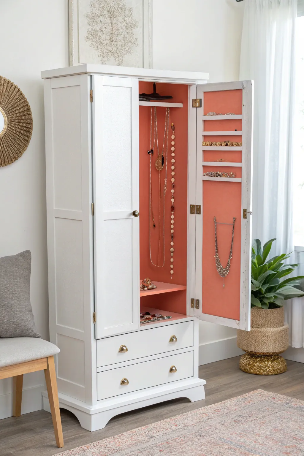Discover the hidden charm: a vibrant coral surprise awaits inside your minimalist armoire.