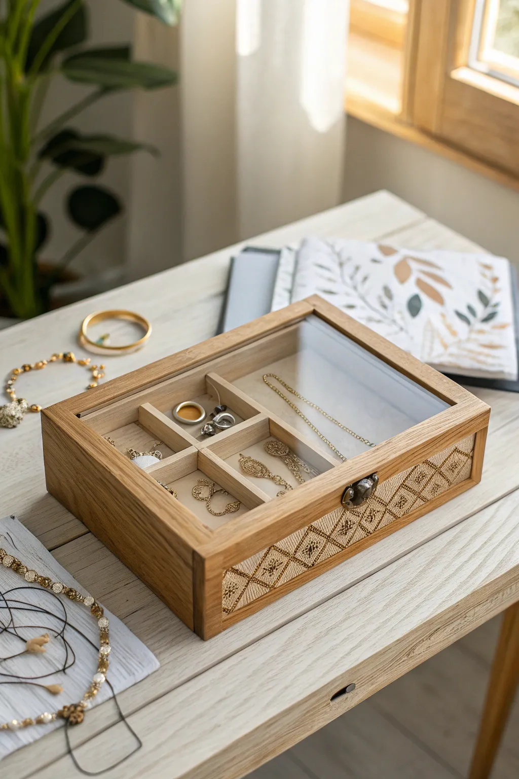 Elevate your jewelry storage with a charming glass-top display box, where simplicity meets elegance.