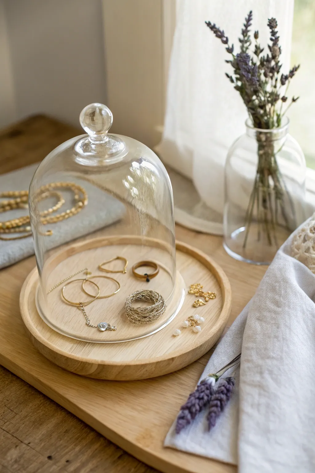 Elevate your jewelry with a touch of elegance under a glass cloche, where simplicity meets natural beauty.