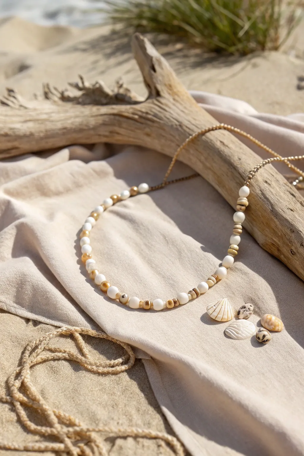 Embrace the sea's treasures: a shell and driftwood necklace that captures the essence of coastal serenity.