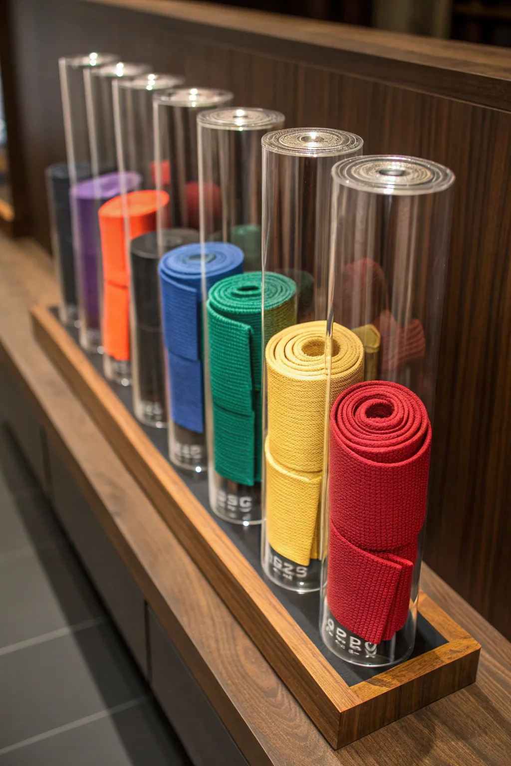 Showcase your achievements with style: vibrant karate belts in sleek acrylic tubes.