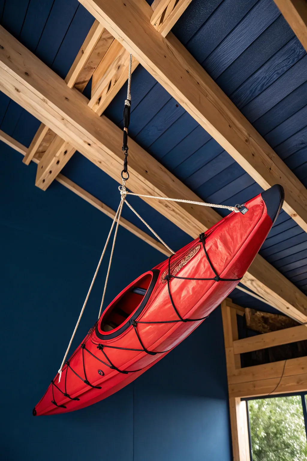 Elevate your storage game with this stunning hanging sling system for kayaks—where craftsmanship meets style.