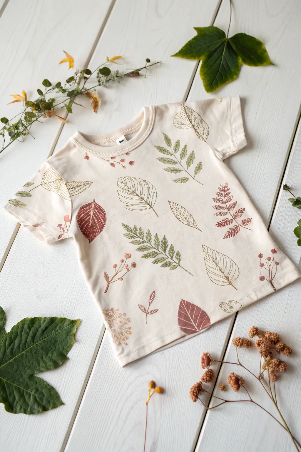 Embrace nature with handcrafted leaf prints on your child's T-shirt for a touch of minimalist elegance.