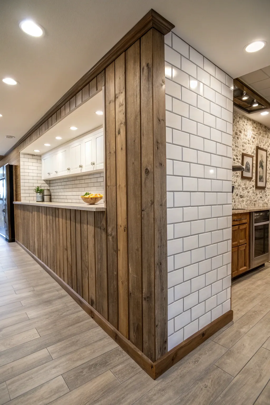 A kitchen bulkhead combining shiplap and tile textures for added depth.