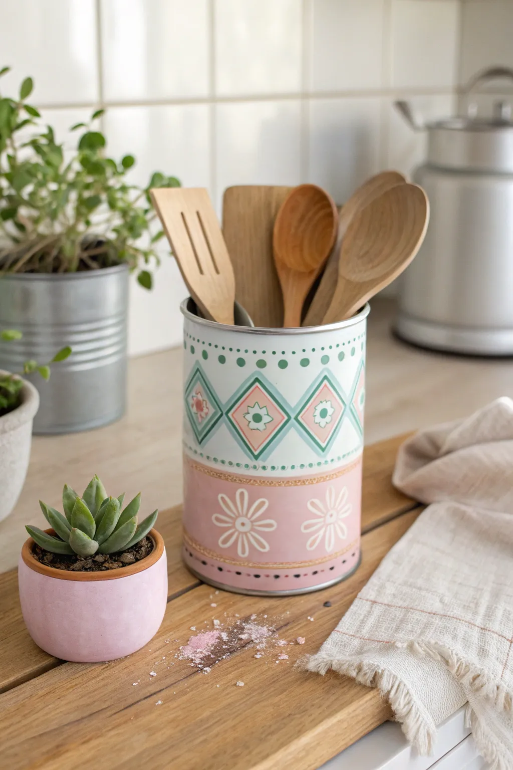 Turn everyday tin cans into chic kitchen essentials with a splash of creativity! 🌿 #EcoFriendlyCrafts #ScandiBoho