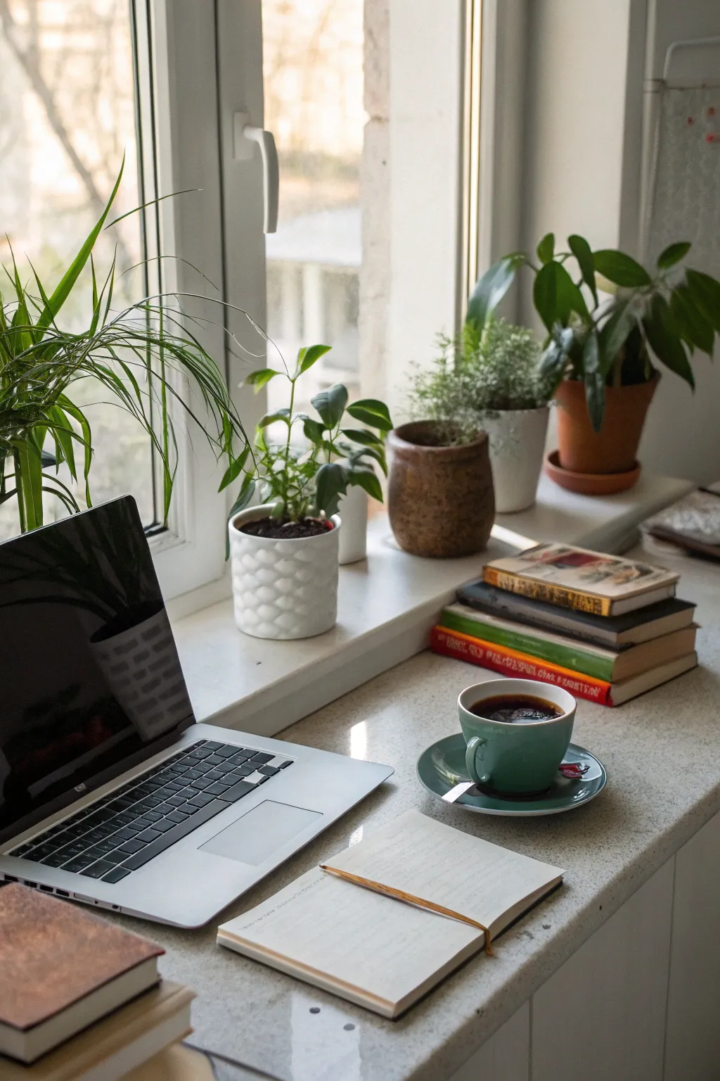 Greenery brings life and freshness to the desk space.