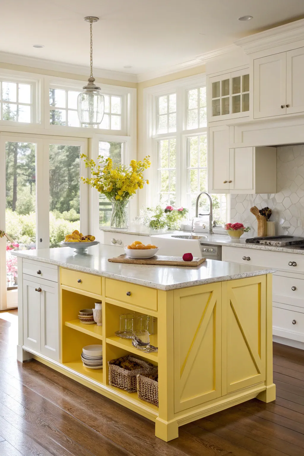 A kitchen with a cheerful sunny yellow island brightening the white cabinets.