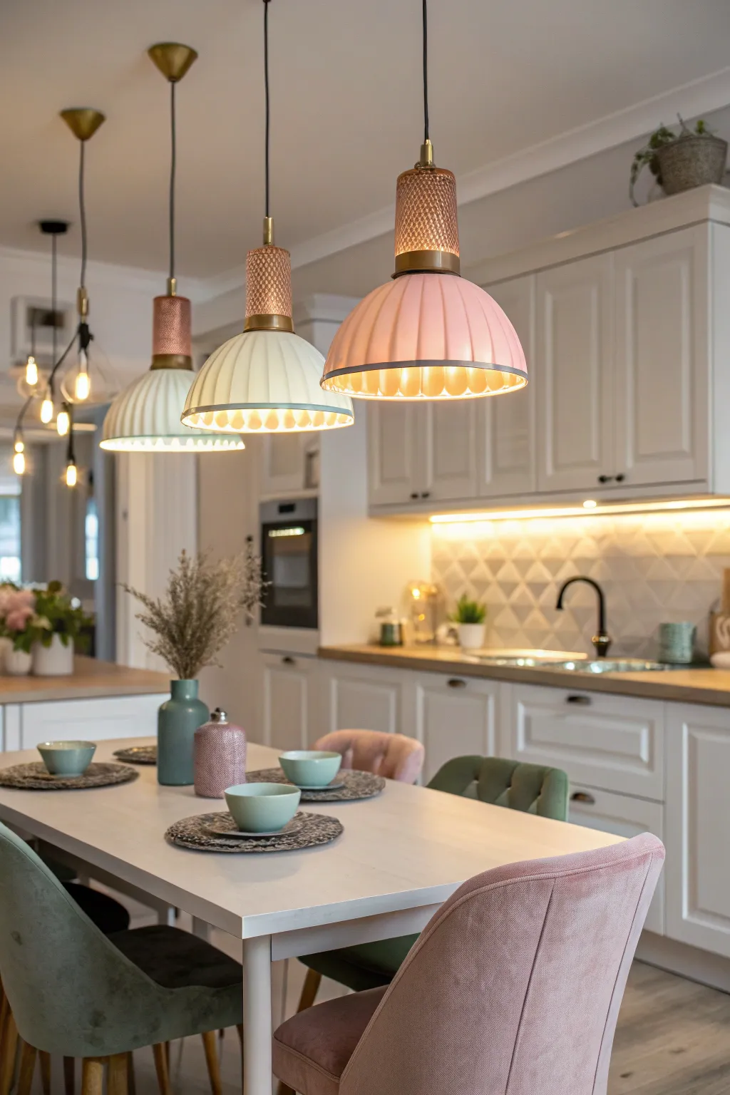 Color-coordinated lighting creates a harmonious kitchen design.