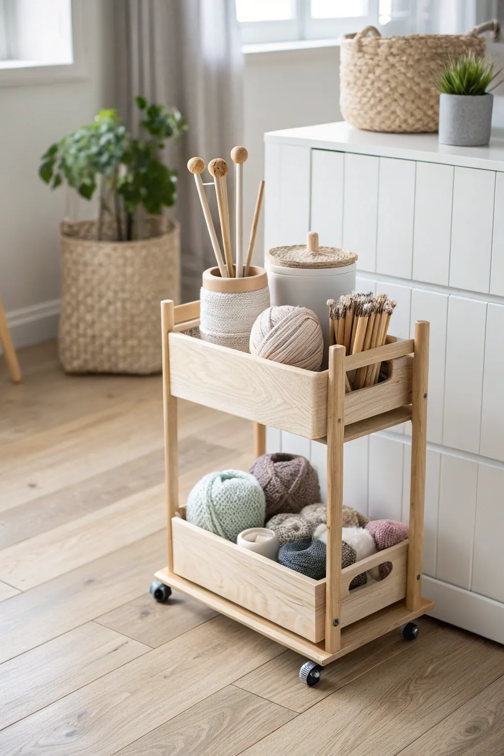 Effortlessly stylish and functional, this mobile cart makes knitting on the go a breeze.