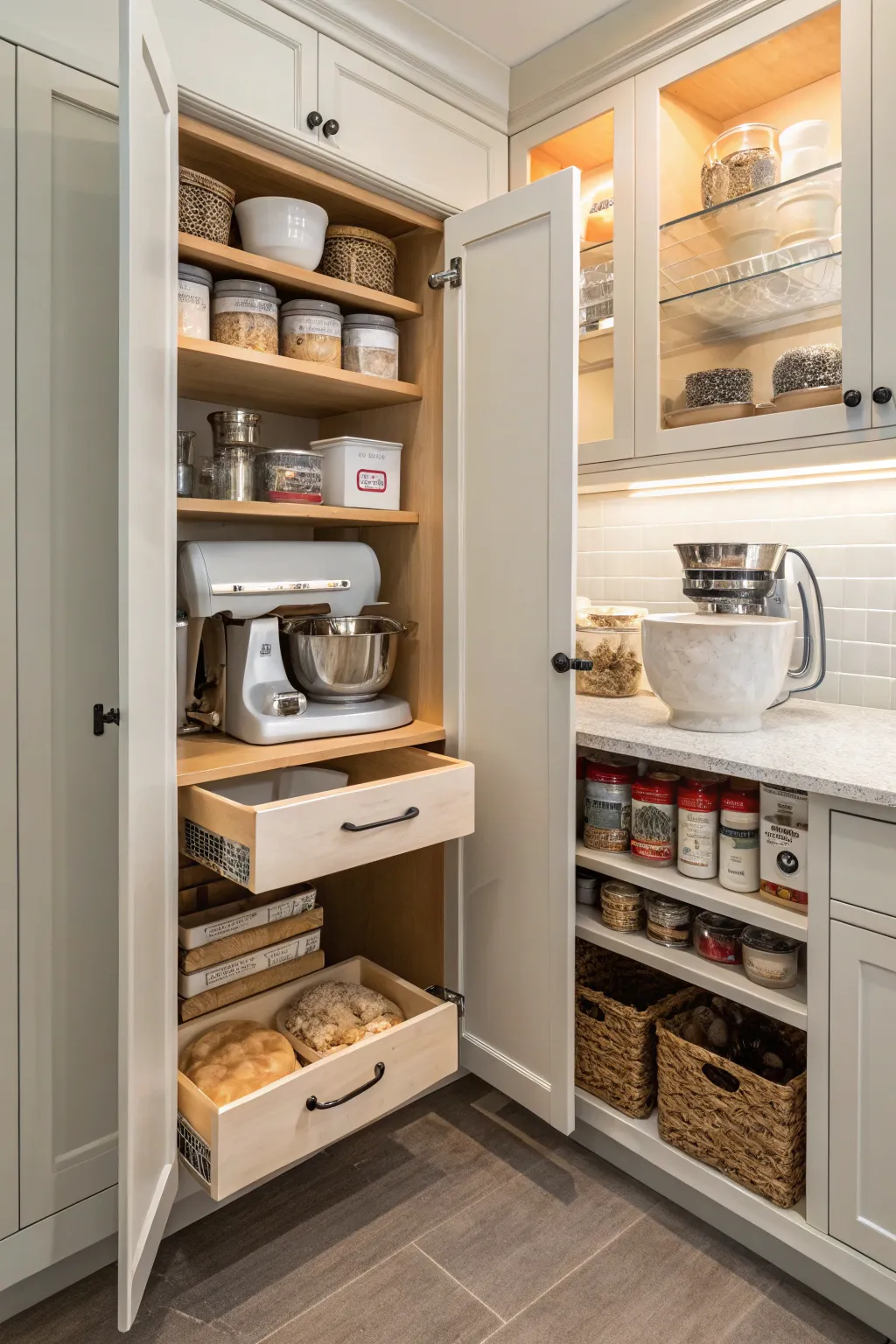 A dedicated baking station within an L-shaped pantry, ensuring convenience and organization.