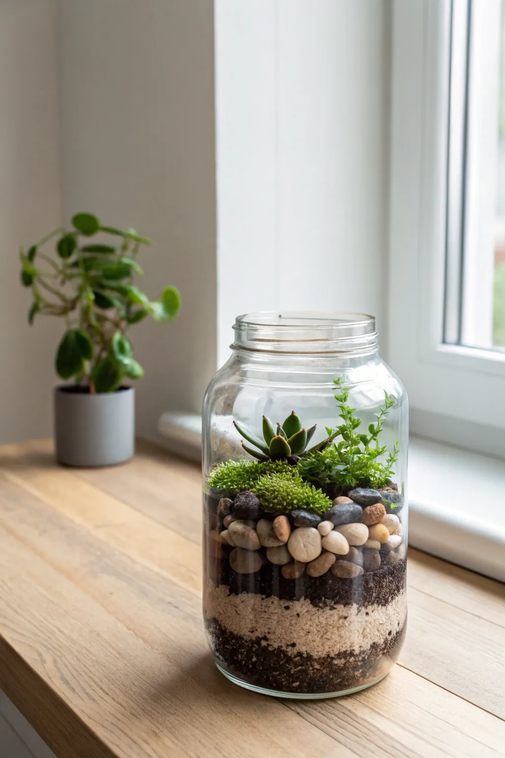 Capture a piece of nature with this elegant mason jar terrarium. Perfect for adding a touch of tranquility to your space!