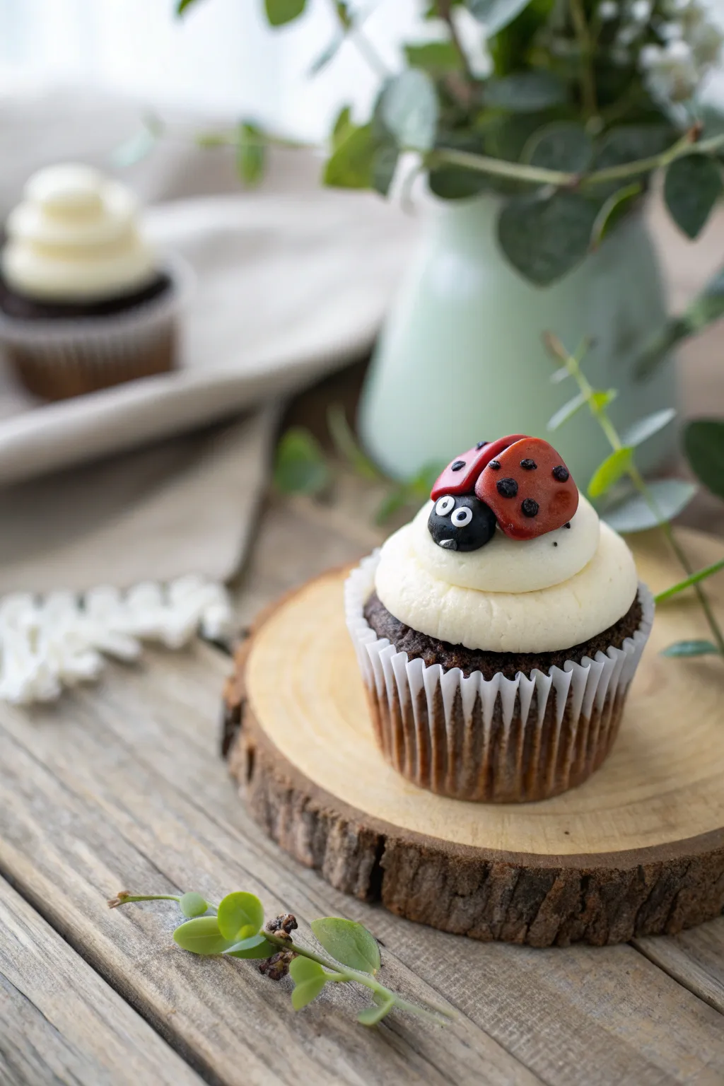 Embrace rustic charm with this delightful ladybug cupcake, perfect for an elegantly simple dessert table.