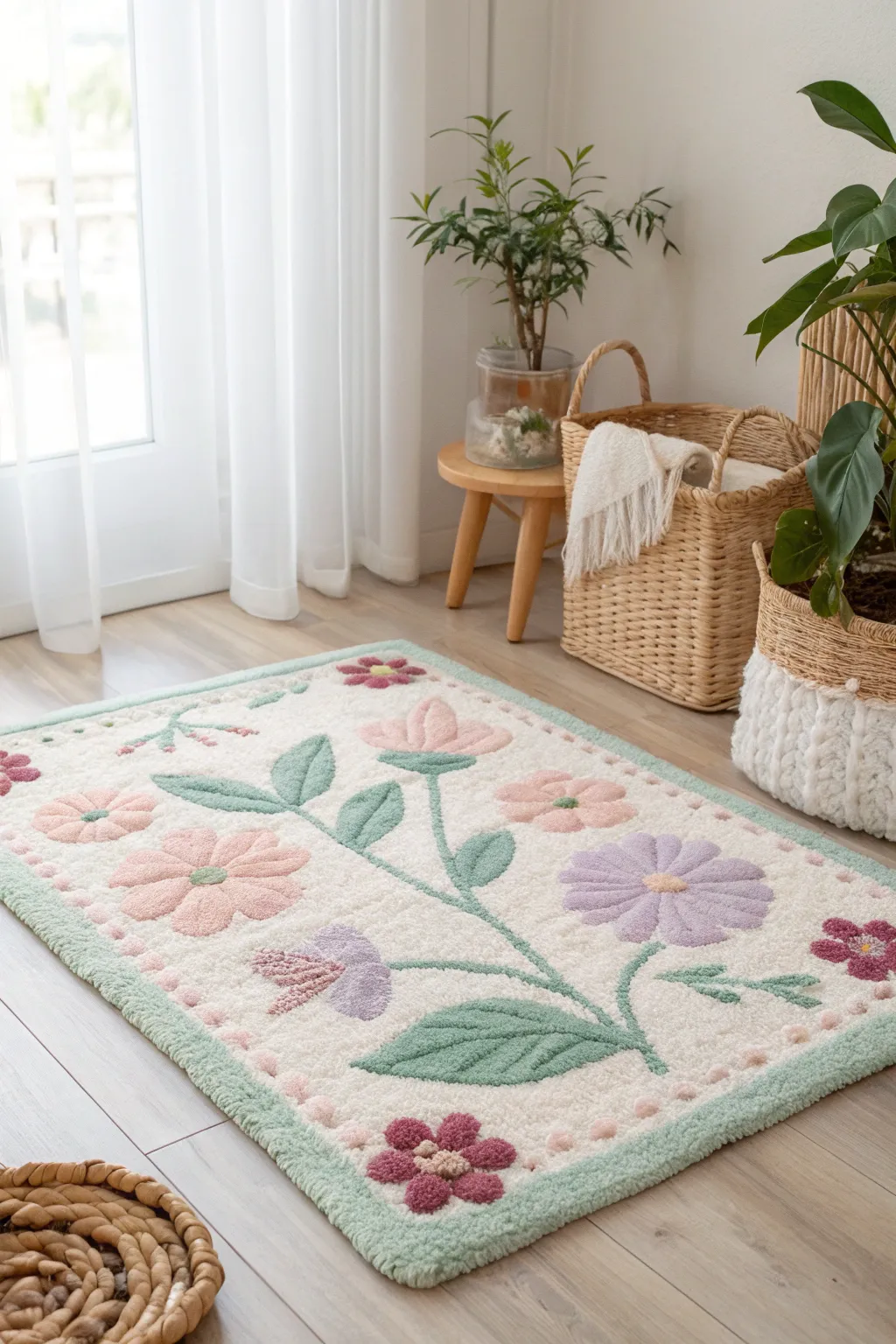 Embrace the seasons with a charming pastel latch hook rug that adds a fresh, spring touch to your minimalist haven.