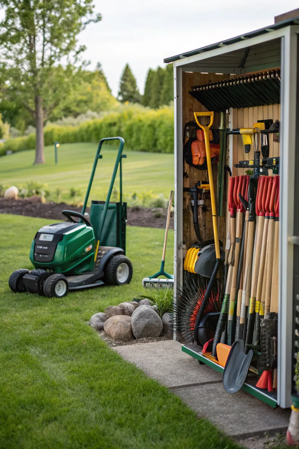 An organized lawn equipment rack perfect for tools and mowers.