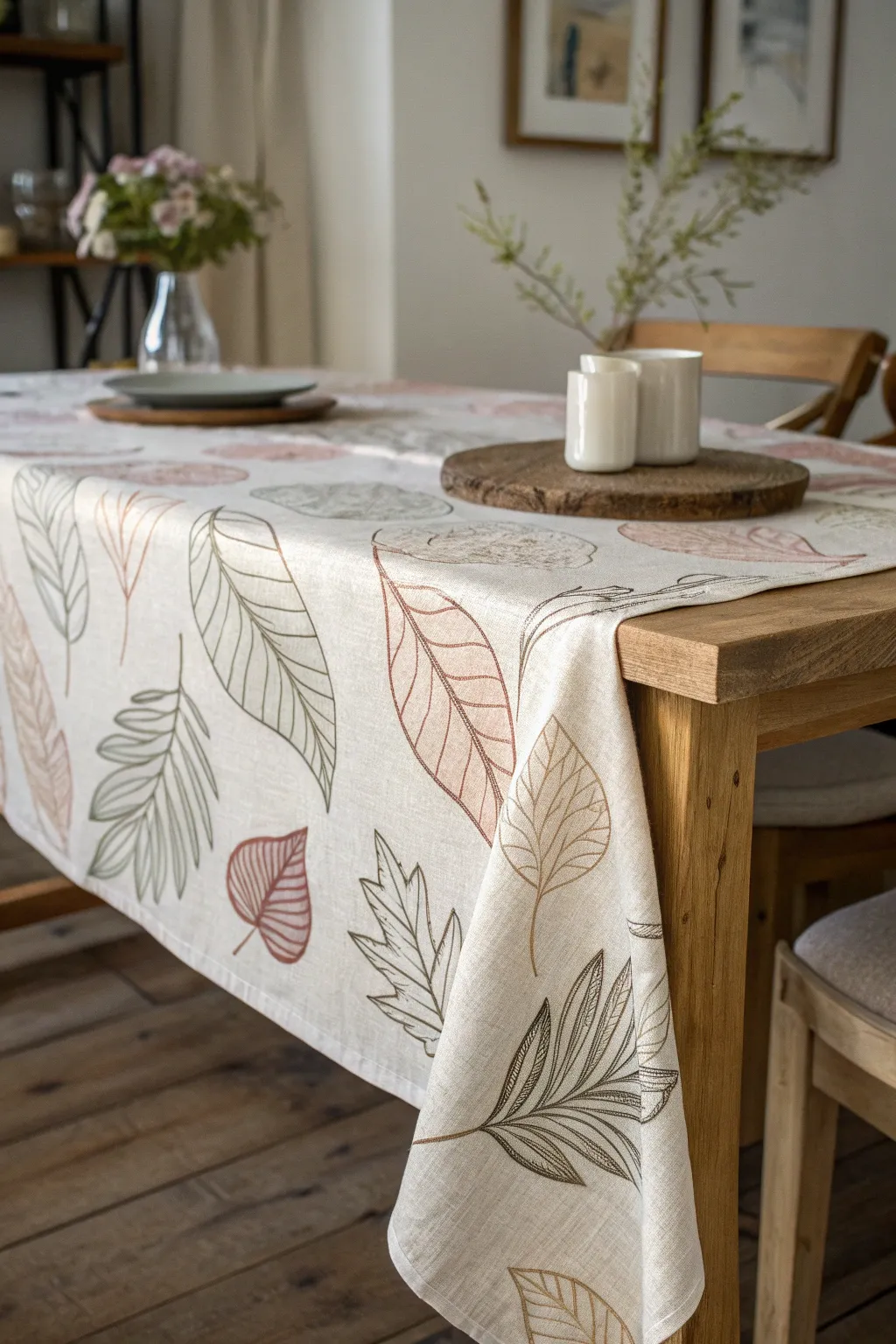 Transform your dining space with the seasonal charm of leaf-printed table linens. 🍂✨ #ScandiBoho #NaturalBeauty
