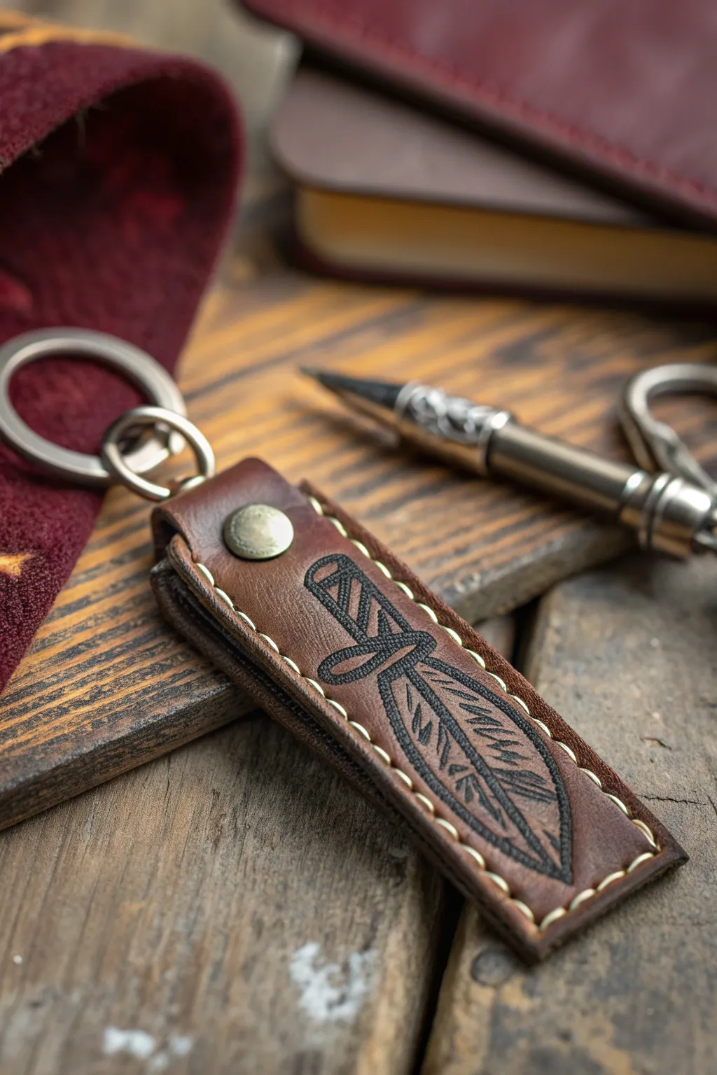 Discover the art of etching with this exquisite leather keychain, where every detail tells a story of craftsmanship.
