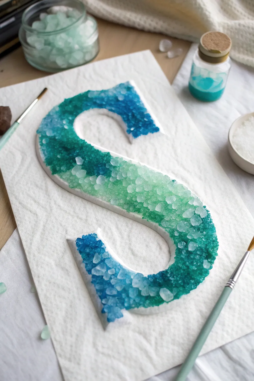 Discover the captivating beauty of salt and watercolor art with this enchanting letter S craft. #DIYArt #ScandiBoho #Craftsmanship