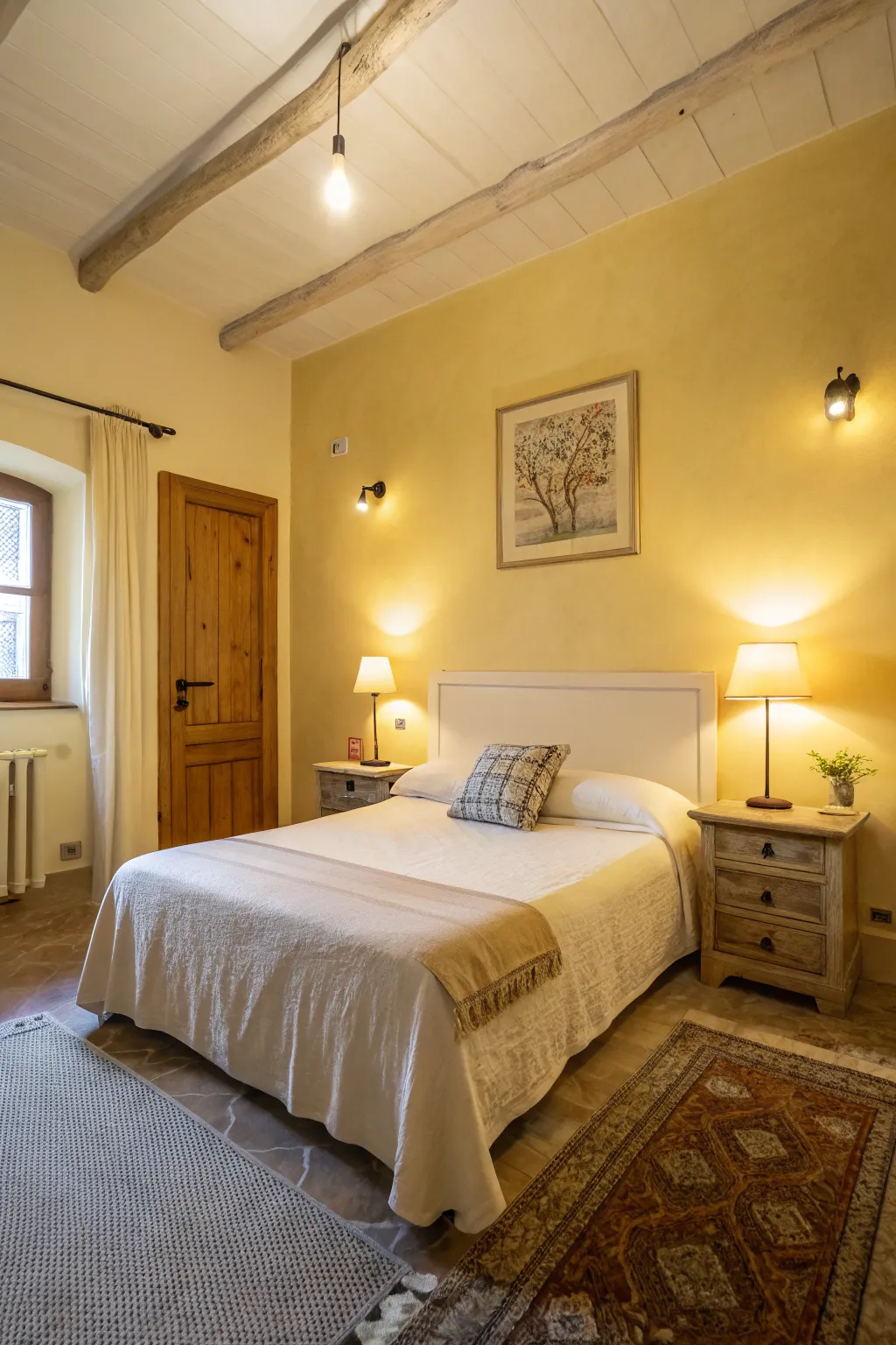 A cheerful bedroom with light yellow walls and a sunny vibe.