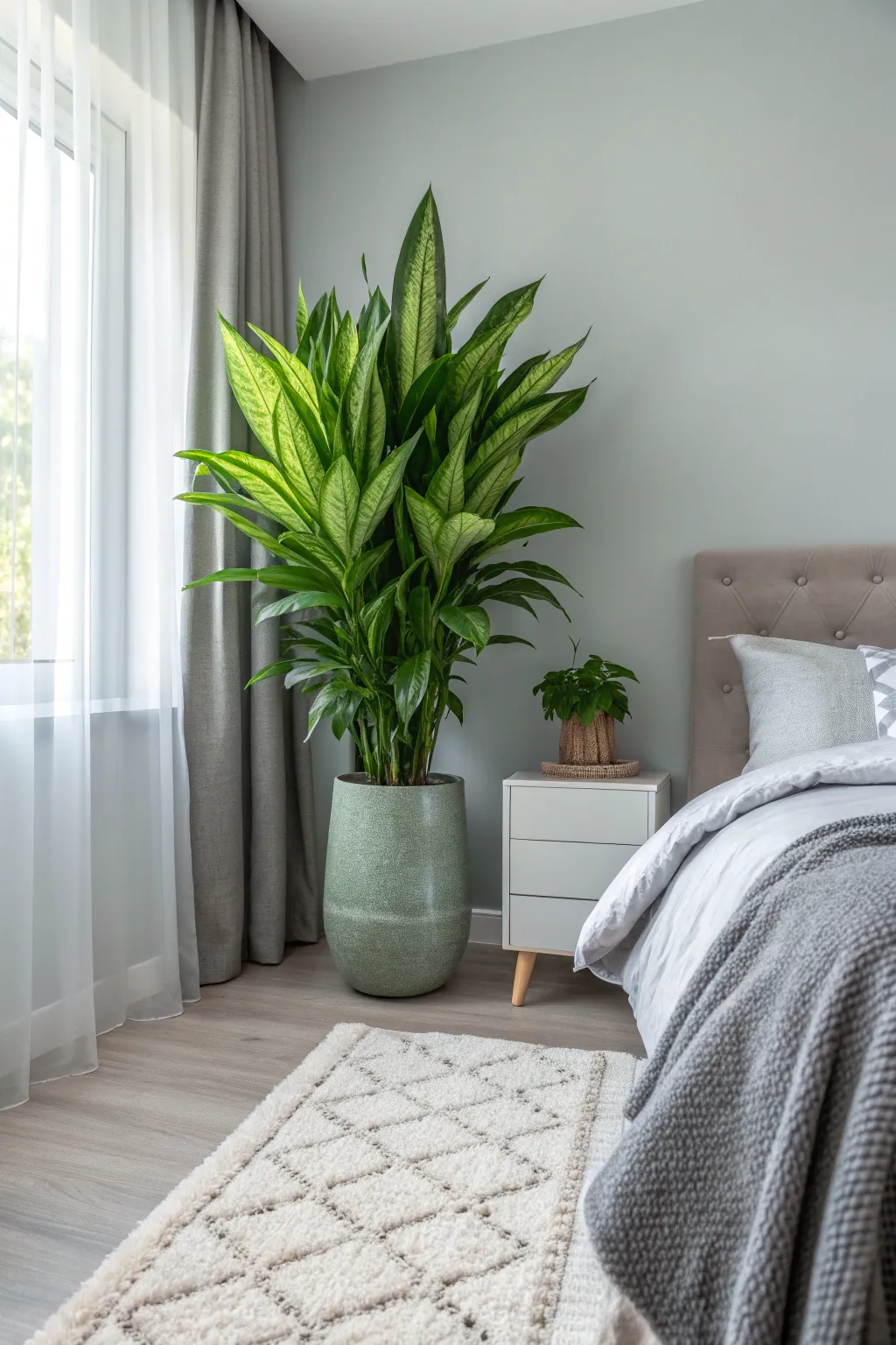 Greenery adds a refreshing touch of nature to a serene light gray space.