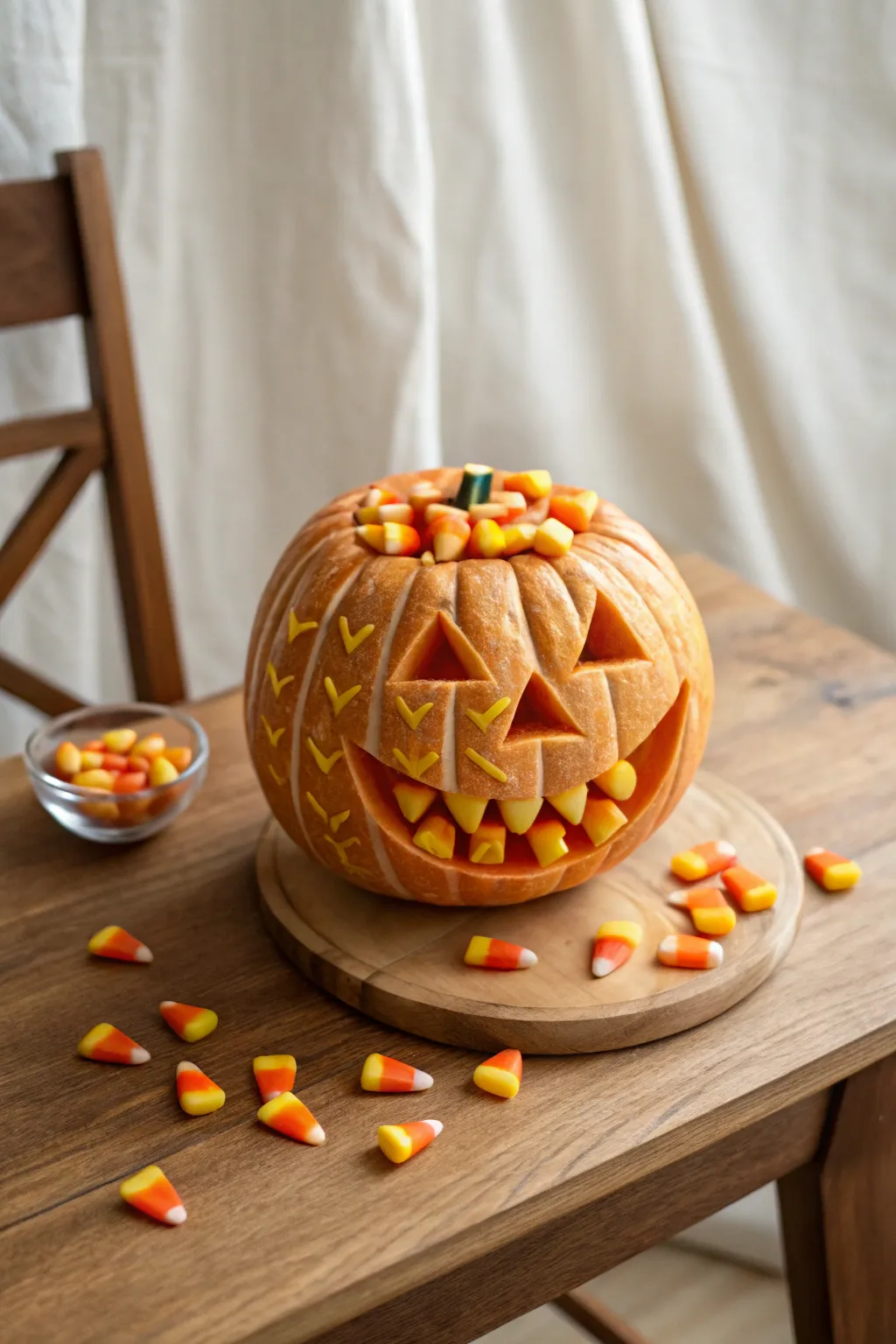 Sweeten your autumn with a charming candy corn pumpkin design!