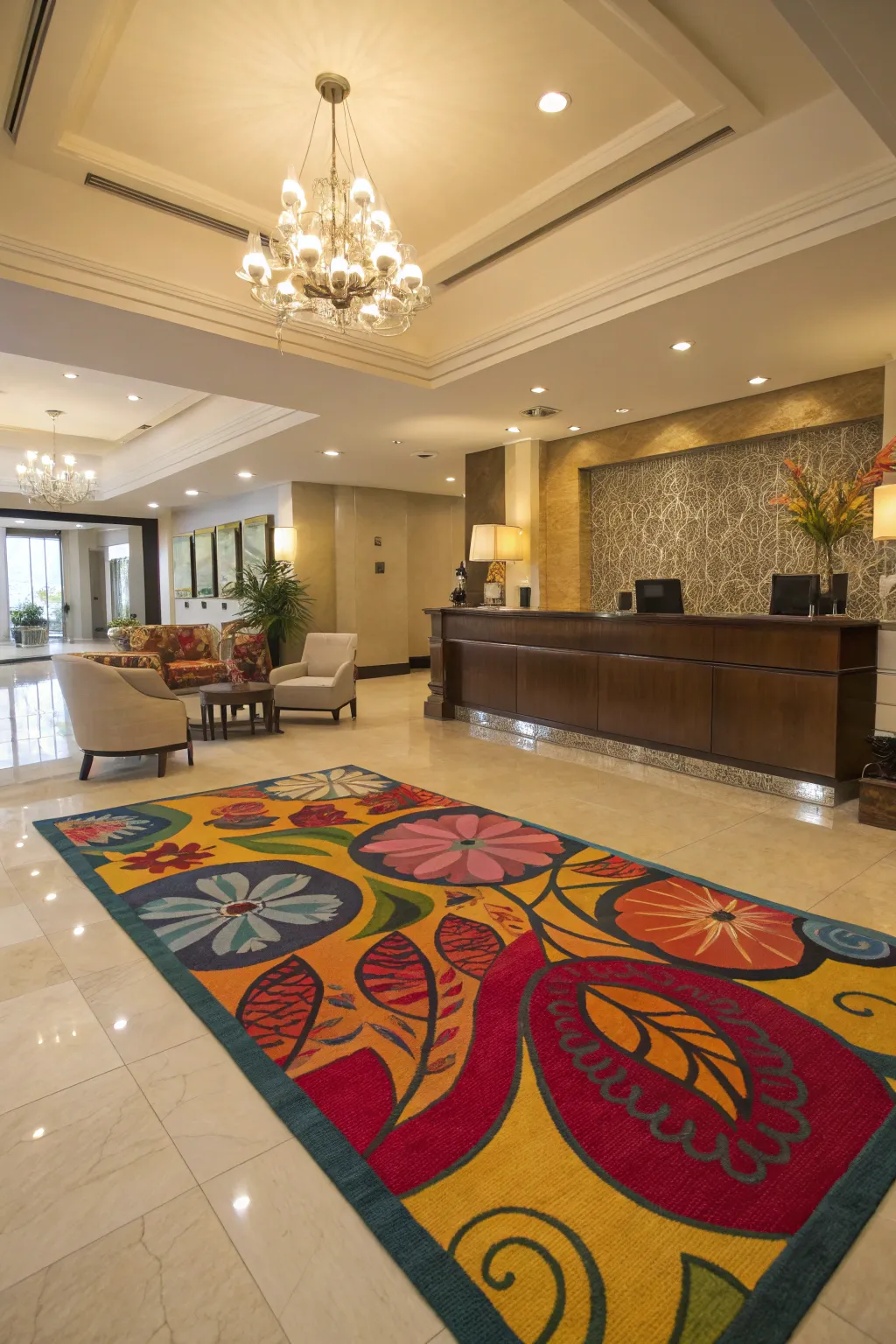 A statement rug adding warmth to the lobby.