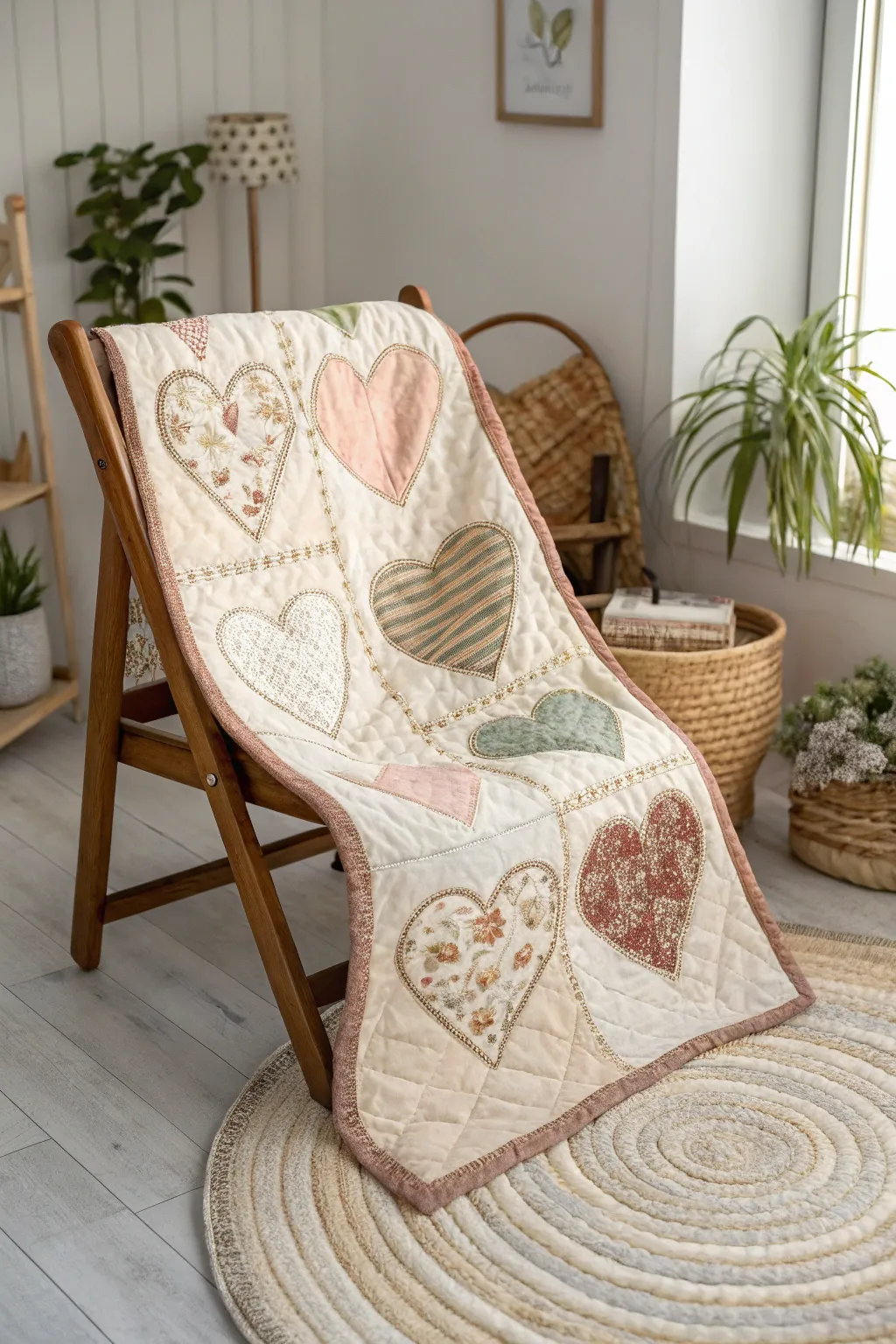 Wrap your home in love with this heart-shaped quilt, a perfect blend of minimalist design and boho charm.