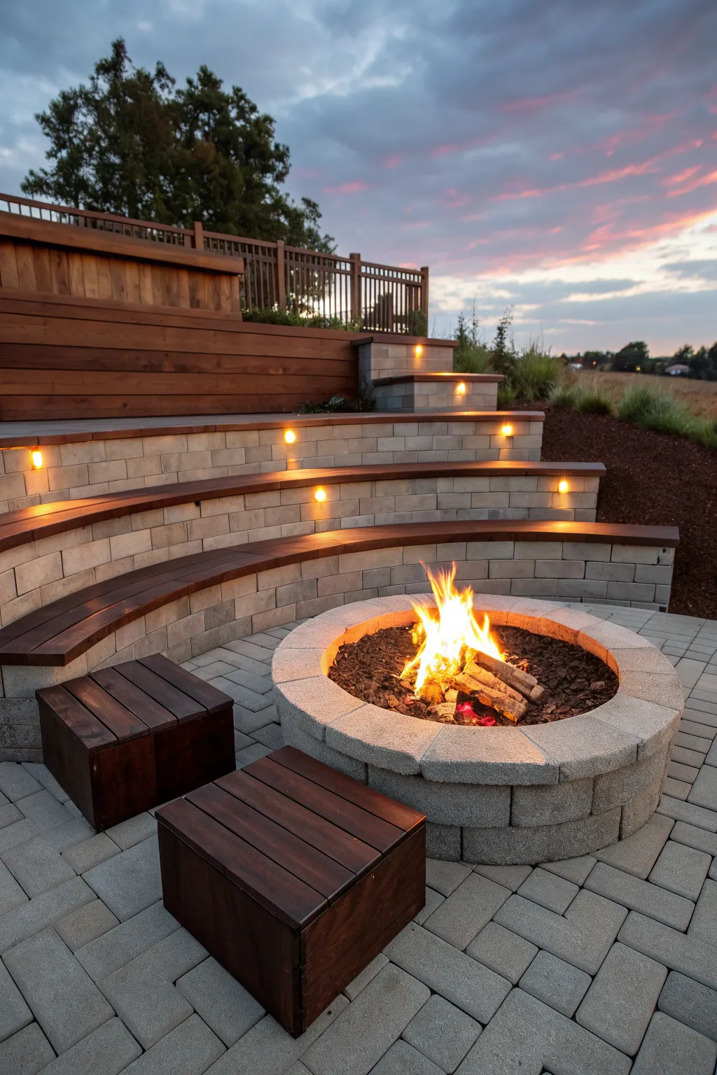 Elevate your outdoor experience with dynamic multi-level seating around a captivating fire pit. #Craftsmanship #OutdoorDesign