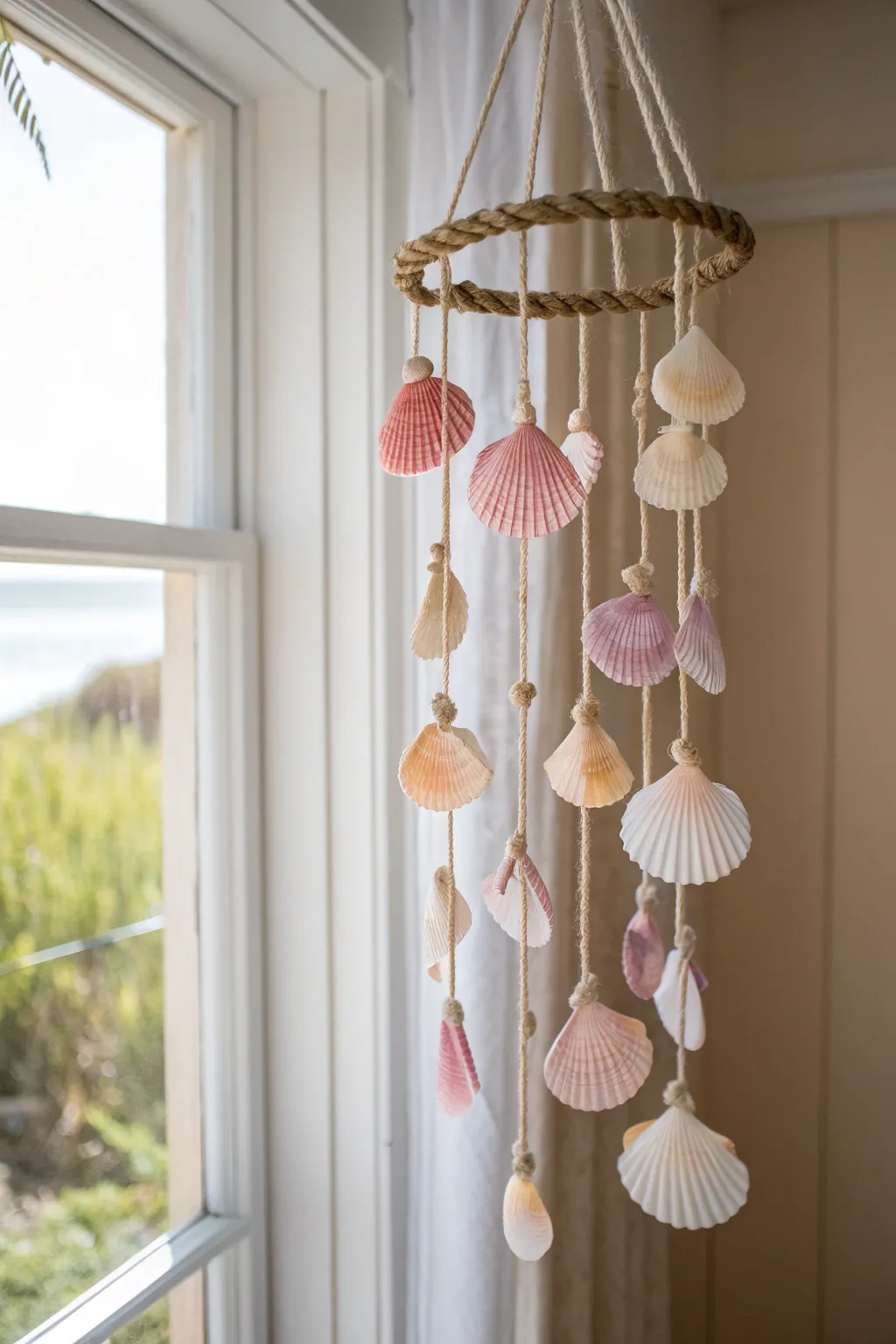 Capture the soothing elegance of nature with this charming beach shell mobile—perfect for adding a touch of coastal serenity to any space.