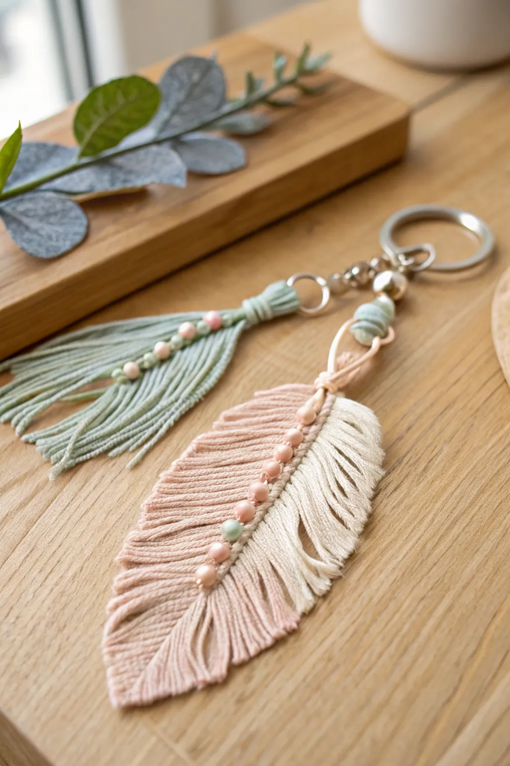 Elevate your style with the elegance of a handcrafted macrame feather keychain.